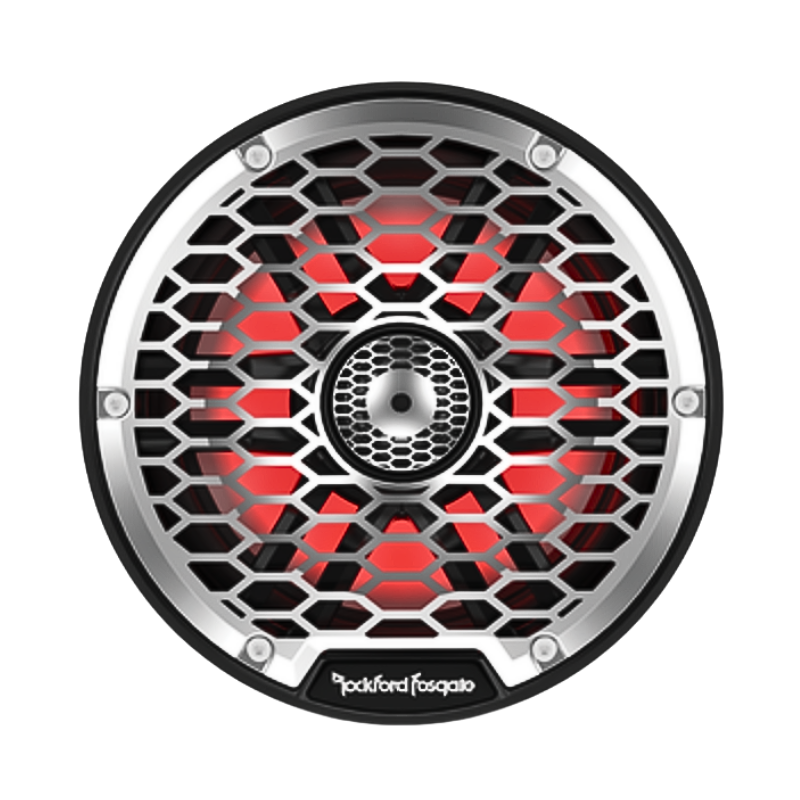 Rockford Fosgate M2-65B metal marine speaker grille close-up.