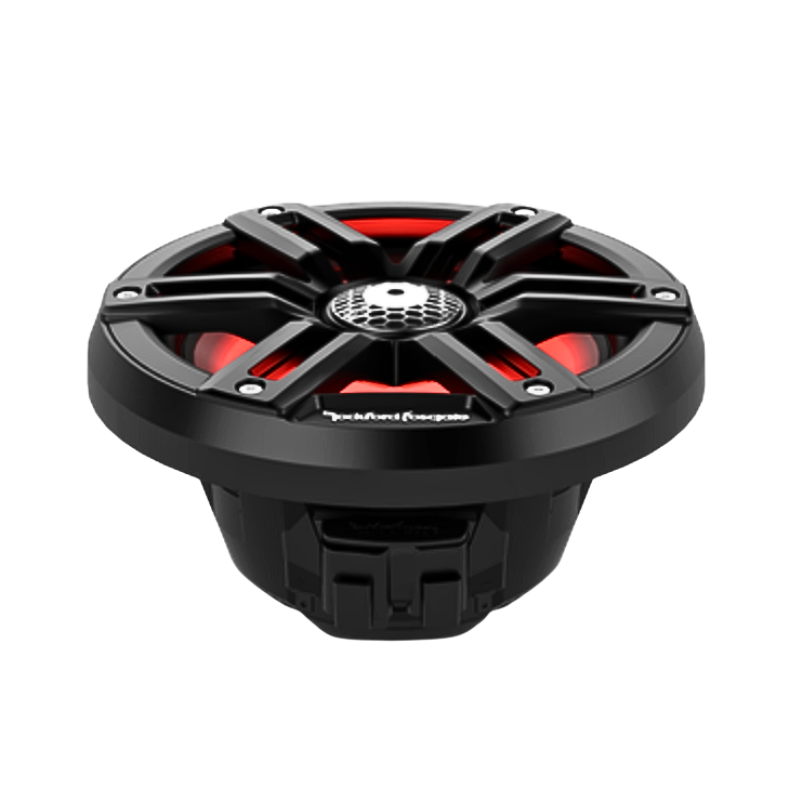 Side angle of Rockford Fosgate M2-65B black marine speaker with grille.