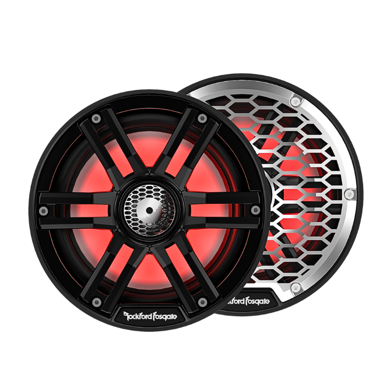 Pair of Rockford Fosgate M2-65B black marine speakers with RGB lighting.