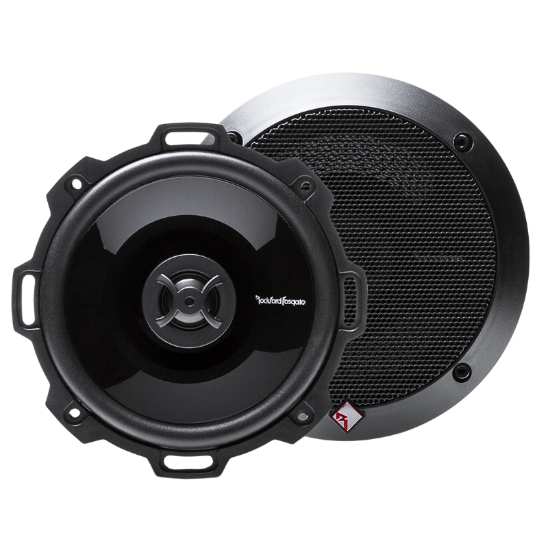 Pair of Rockford Fosgate P152 speakers front facing without grilles, showing woofer and tweeter layout.
