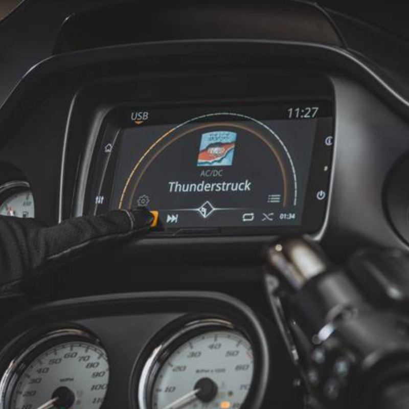 Rockford Fosgate PMX-HD14 showing Apple CarPlay interface, enabling hands-free navigation, calls, and music streaming on Harley-Davidson bikes