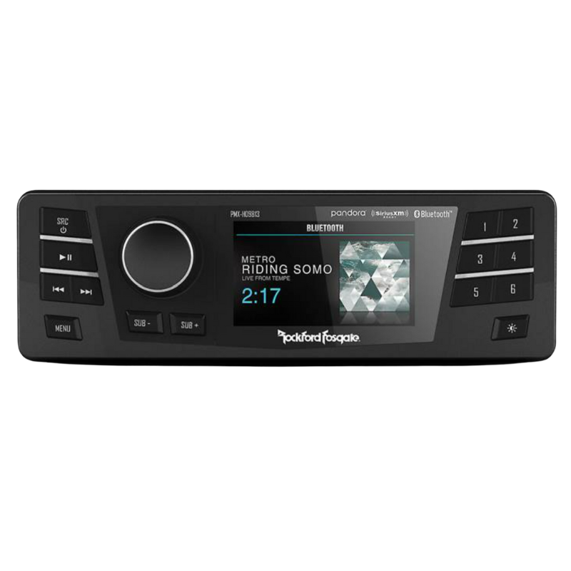 Front view of Rockford Fosgate PMX-HD9813 digital media receiver with 3-inch full-color display for 1998-2013 Harley-Davidson motorcycles.