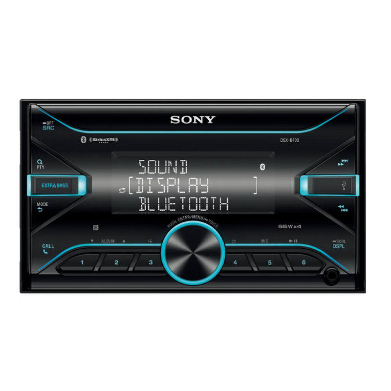 Front view of Sony DSX-B700 media receiver with illuminated screen.