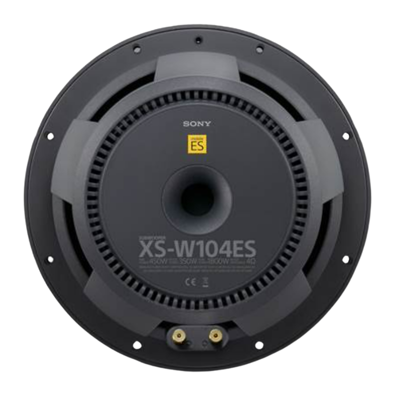 Side view of the Sony XS-W104ES subwoofer, emphasizing its gold-plated spring terminals for seamless wiring installation.