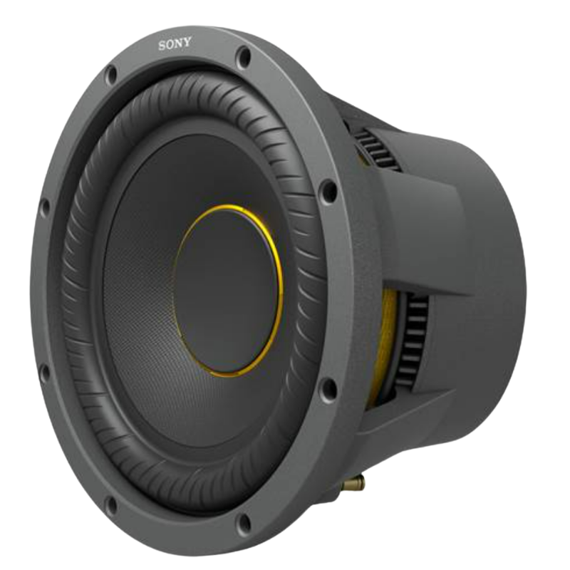 Sony XS-W104ES 10-inch subwoofer with a sleek greyish-black design and bright yellow accents, perfect for deep bass in car audio systems.