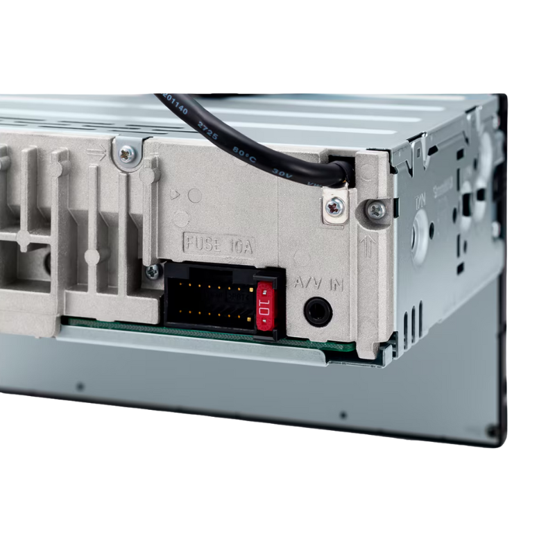 Back connector layout for camera, power, and audio.
