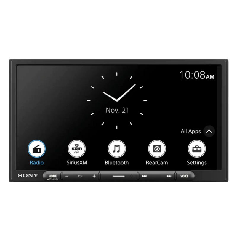 Front view of Sony XAV-AX3700 receiver displaying home screen.