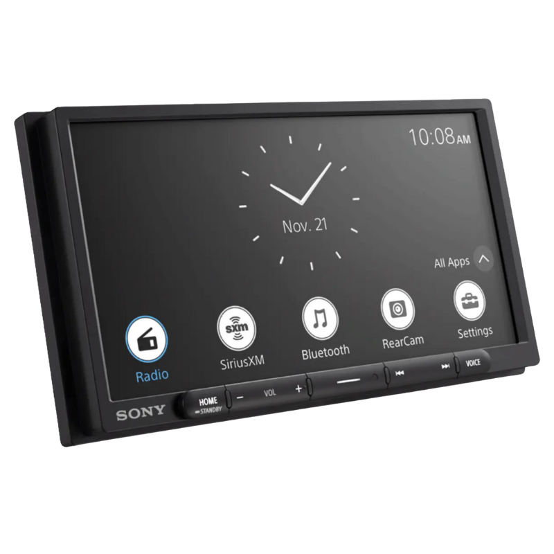 Angled side view of Sony XAV‑AX3700 showing touchscreen display and button controls.