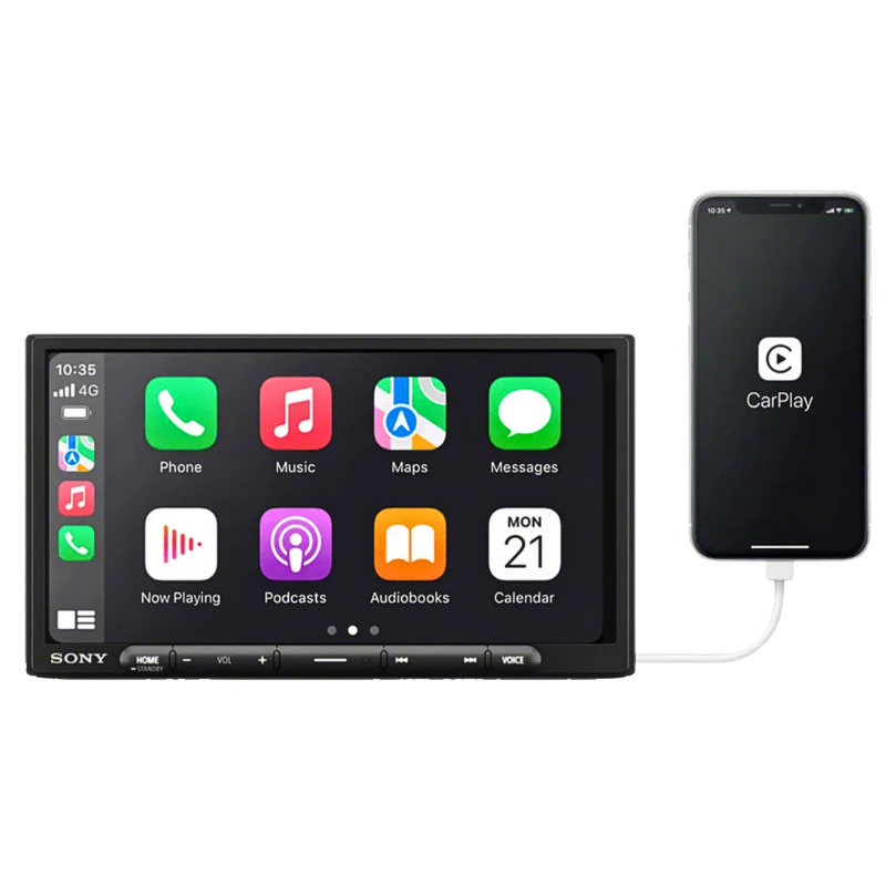Sony XAV‑AX3700 connected to smartphone via Apple CarPlay displaying navigation on screen.

