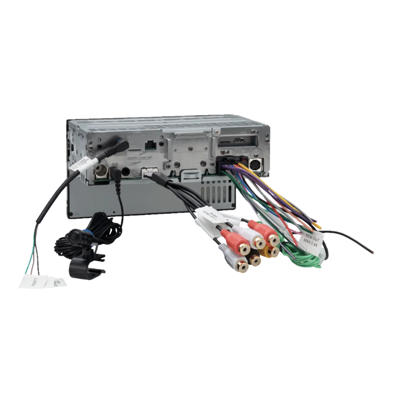 Sony XAV‑AX3700 back panel with full wire harness and preamp outputs connected.