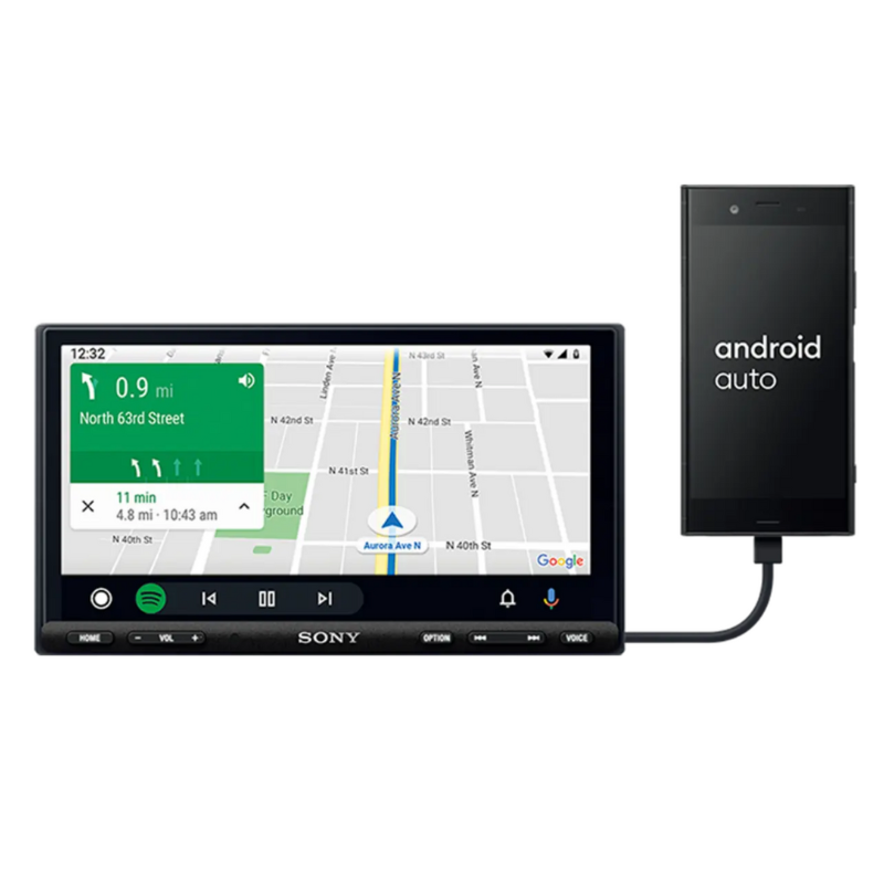 Android Auto app in use on Sony 6.95” screen.