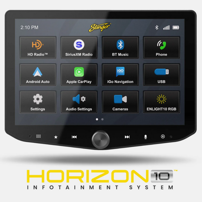 Stinger HORIZON10 10.1-inch floating touchscreen car radio with Wireless Apple CarPlay and Android Auto for seamless connectivity.