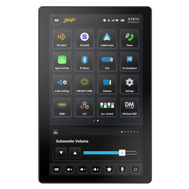 Close-up of Stinger HORIZON12 universal car stereo featuring a Full HD 1080p anti-glare capacitive touchscreen display.