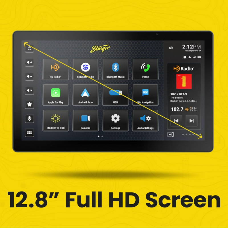 Rear connections of Stinger HORIZON12 car stereo, highlighting HDMI input, USB-C, dual USB-A, RCA AV input, and optical digital output.