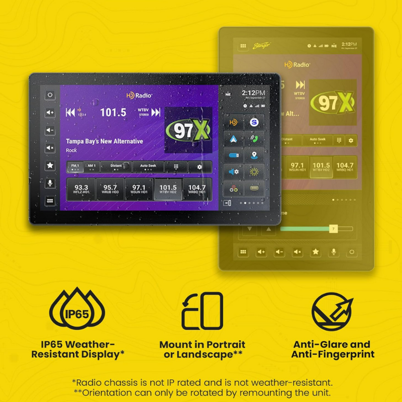 Stinger HORIZON12 floating screen car stereo with support for up to four camera inputs, enhancing vehicle safety and visibility.