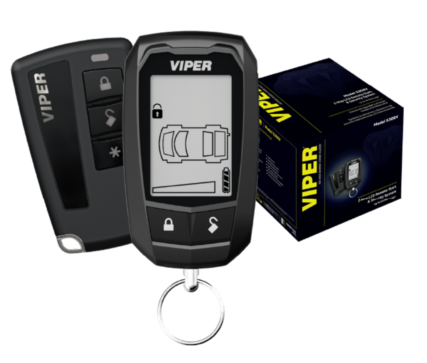 Viper 5308V two remote fobs shown alongside branded packaging box.