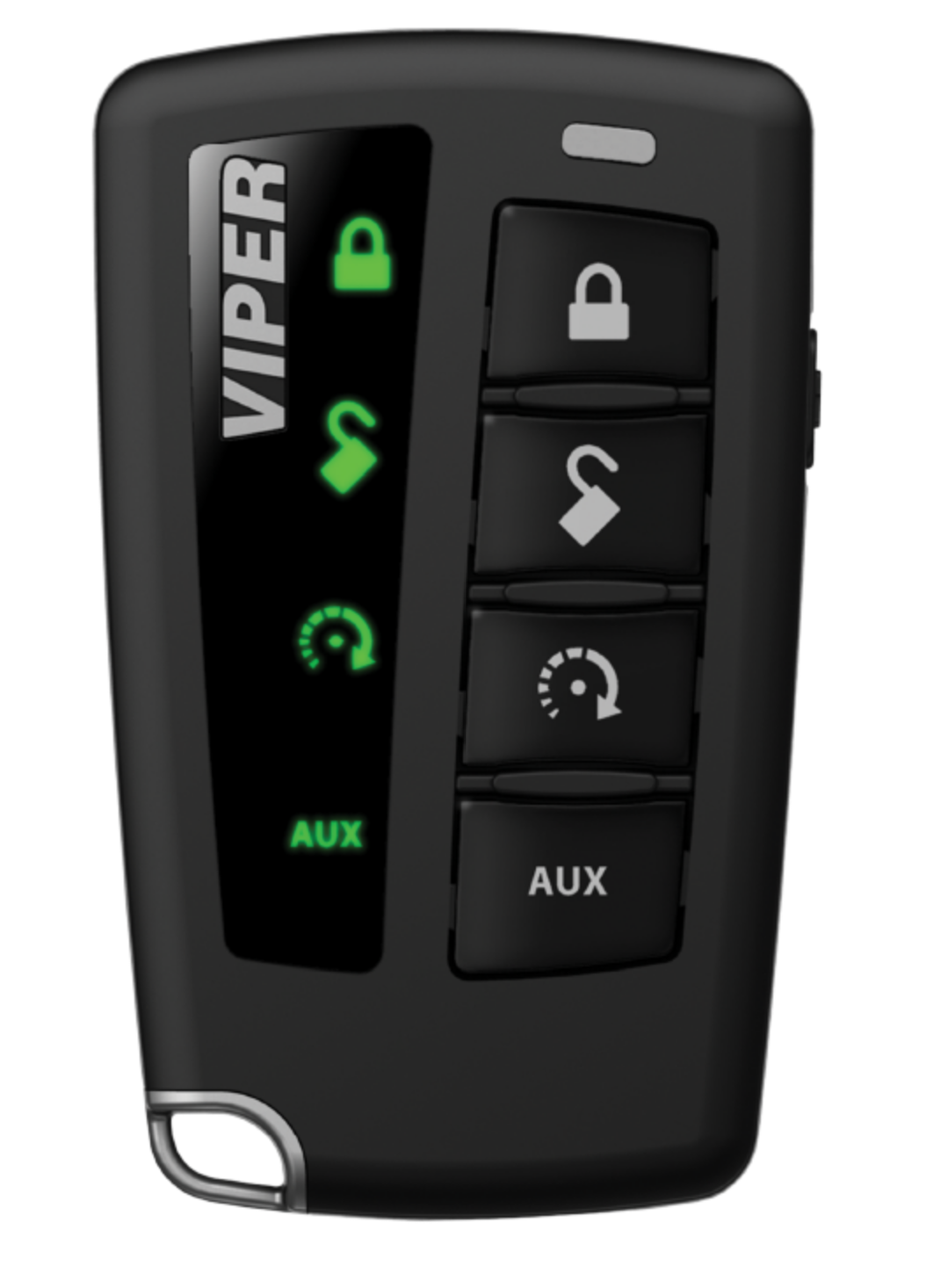 Viper LED remote fob illuminated, showing lighted mode indicators in use.