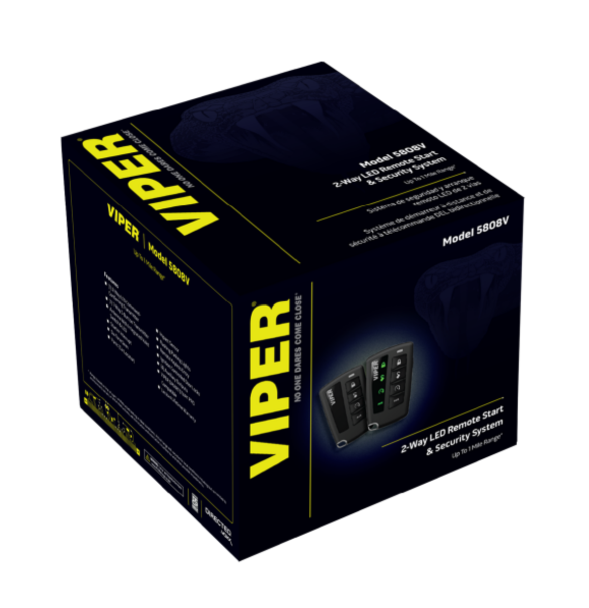 Complete Viper 5808V remote start and security kit shown inside full packaging box.