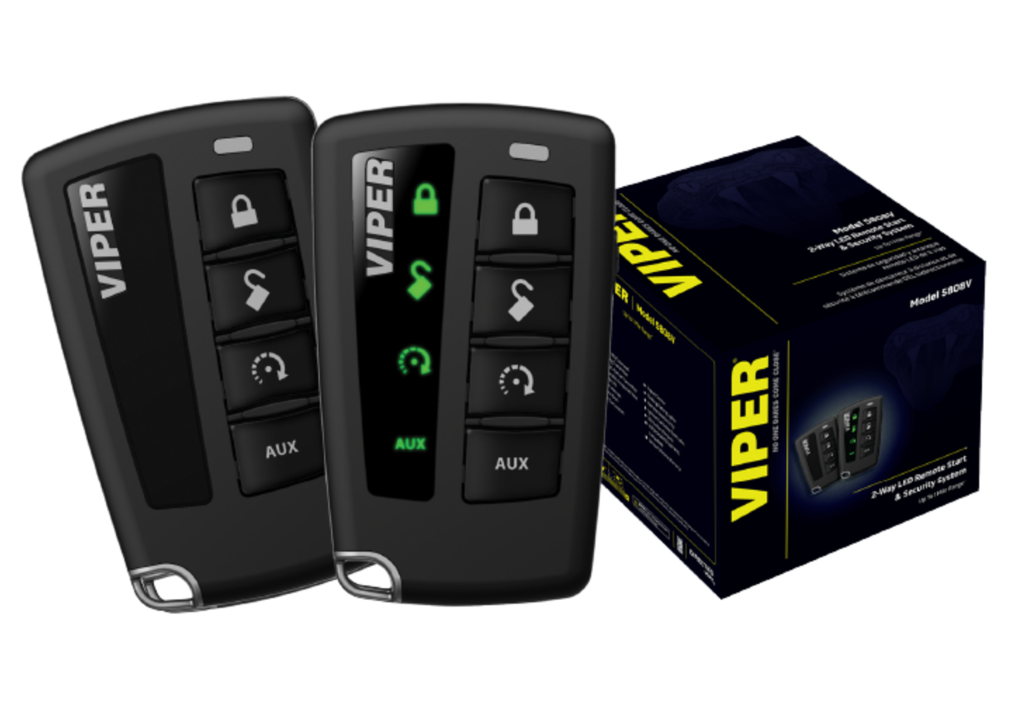 Two Viper 5808V remote fobs displayed with original packaging box.