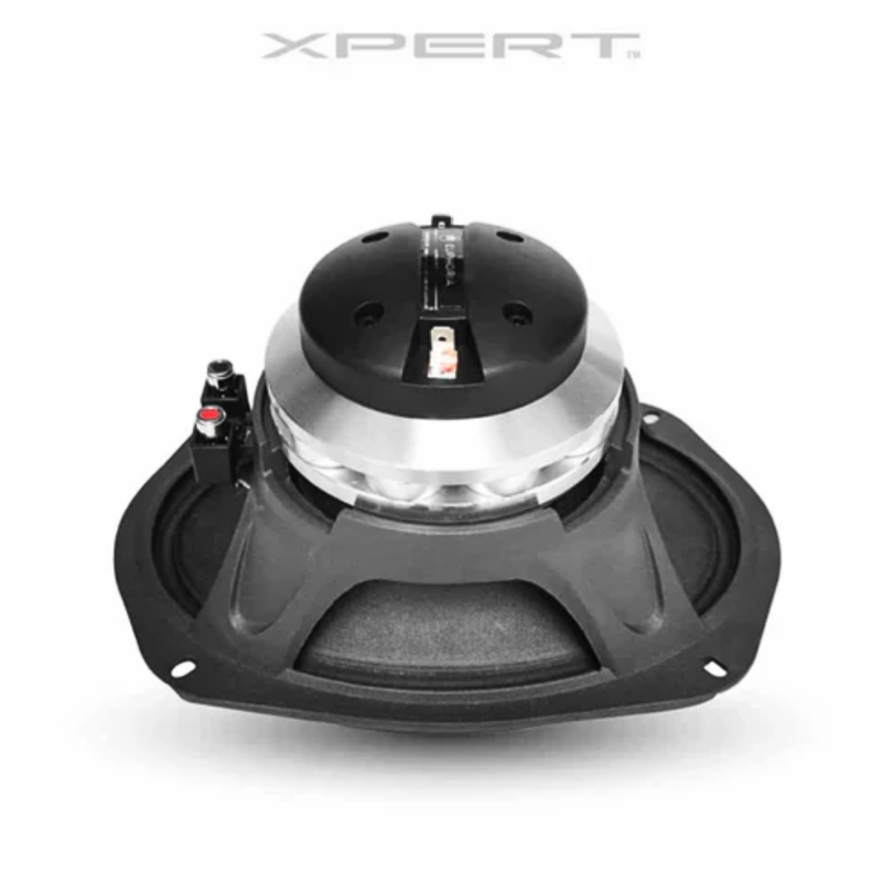 Xpert EX69NCD rear view highlighting neodymium magnet assembly, die-cast basket, and radial venting.