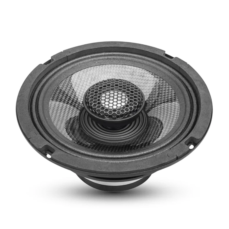 Xpert EX6NPS-CF 6.5-inch carbon fiber coaxial speaker front view without grille showing cone and tweeter detail.