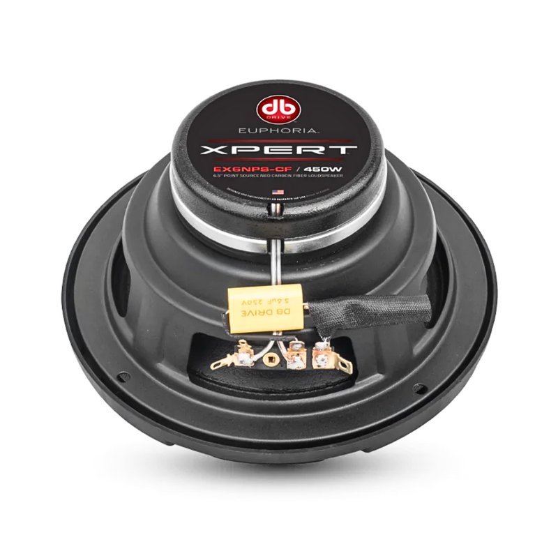 Xpert EX6NPS-CF 6.5-inch coaxial speaker rear view showing magnet, terminals, and stamped steel basket.