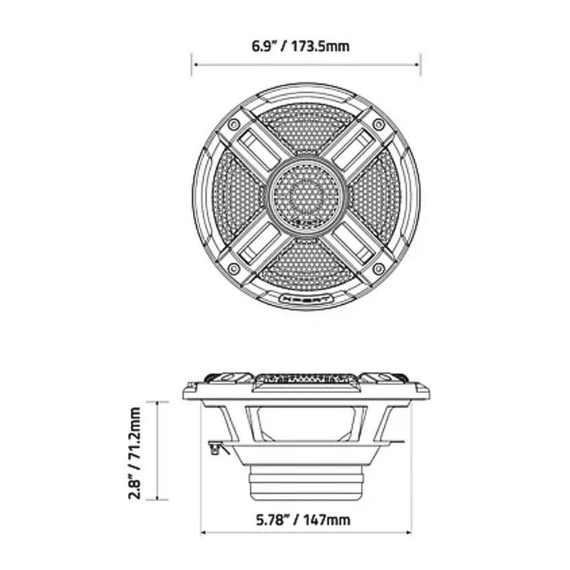 Xpert EX6NPS-CF technical diagram showing mounting depth, cutout diameter, and overall speaker size.