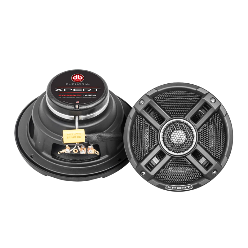 Xpert EX6NPS-CF 6.5-inch carbon fiber coaxial speakers pair with front and rear views, protective grilles attached.